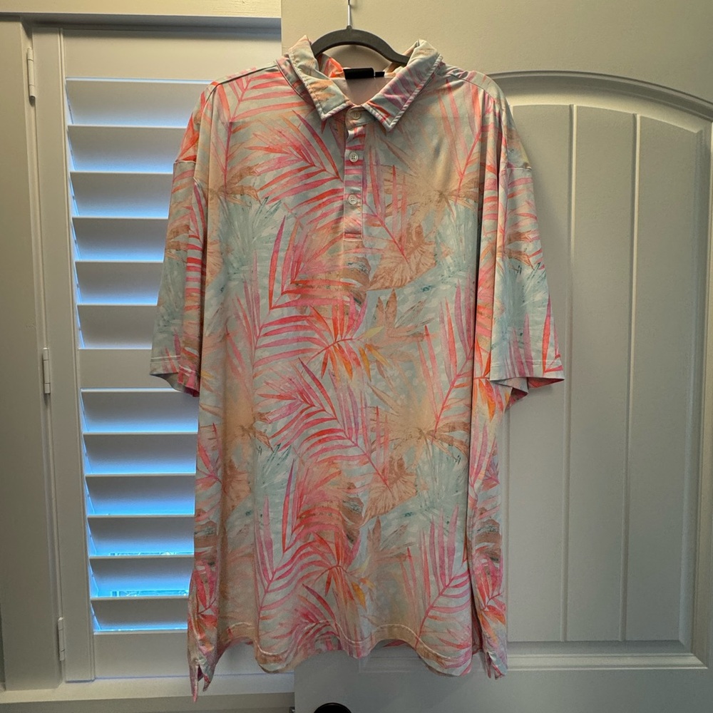 Pink and Blue Polo Shirt with Tropical Design
